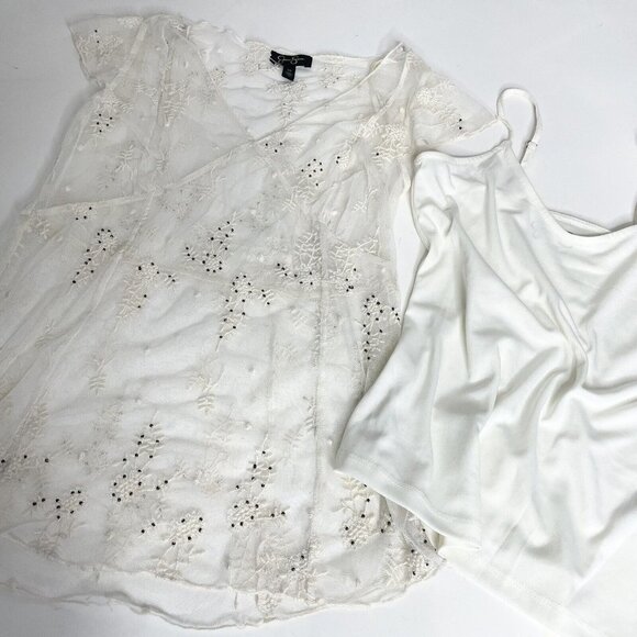 NWOT Jessica Simpson XS Cream Lace Beaded V Neck Sheer Blouse Sheer w/Camisole - Picture 5 of 11